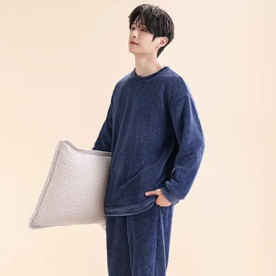 Men'S Fashion Casual Autumn Winter Solid Color Coral Fleece Lined Thickened Long-Sleeve Sweatshirt Pants Pajamas Two-Piece Set