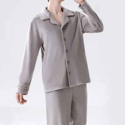 Men'S Fashion Casual Autumn And Winter Fleece-Lined Thickened Warm Long-Sleeve Cardigan Pants Pajamas Two-Piece Set