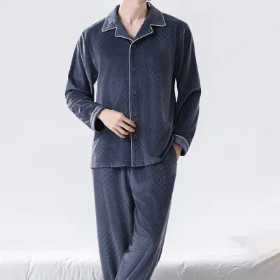Men'S Fashion Casual Autumn And Winter Fleece-Lined Thickened Long-Sleeve Cardigan Pants Pajamas Two-Piece Set