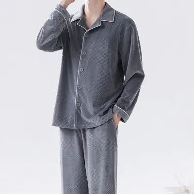 Men'S Fashion Casual Autumn And Winter Fleece-Lined Thickened Long-Sleeve Cardigan Pants Pajamas Two-Piece Set