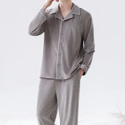Men'S Fashion Casual Autumn And Winter Fleece-Lined Thickened Long-Sleeve Cardigan Pants Pajamas Two-Piece Set