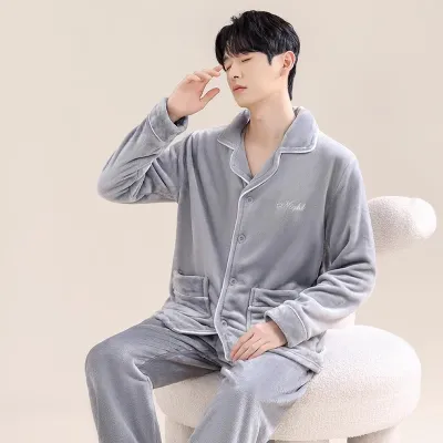 Men'S Fashion Casual Winter Fleece-Lined Thickened Warm Long Sleeve Cardigan Pants Pajamas Two-Piece Set