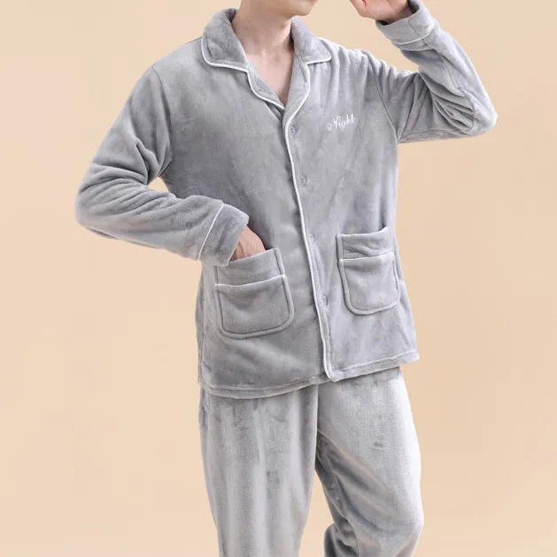 Men'S Fashion Casual Winter Fleece-Lined Thickened Warm Long Sleeve Cardigan Pants Pajamas Two-Piece Set