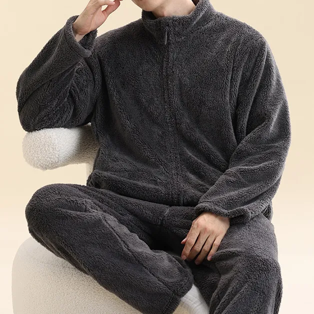 Men'S Fashion Casual Autumn Winter Solid Color Coral Fleece-Lined Thickened Zipper Coat Pants Pajamas Two-Piece Set