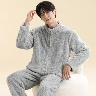 Men'S Fashion Casual Autumn Winter Solid Color Coral Fleece-Lined Thickened Zipper Coat Pants Pajamas Two-Piece Set