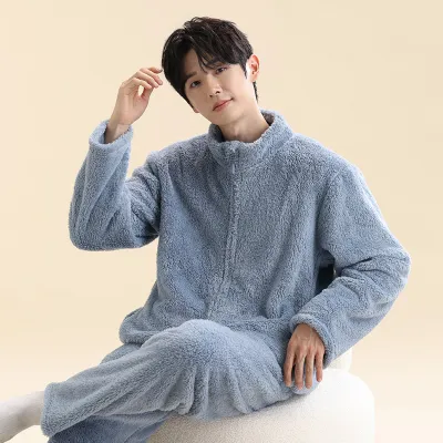 Men'S Fashion Casual Autumn Winter Solid Color Coral Fleece-Lined Thickened Zipper Coat Pants Pajamas Two-Piece Set