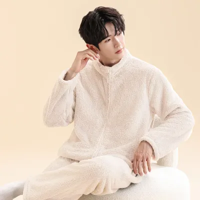 Men'S Fashion Casual Autumn Winter Solid Color Coral Fleece-Lined Thickened Zipper Coat Pants Pajamas Two-Piece Set