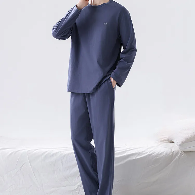 Men'S Fashion Casual Solid Color Cotton Long-Sleeve Sweatshirt Pants Pajamas Two-Piece Set