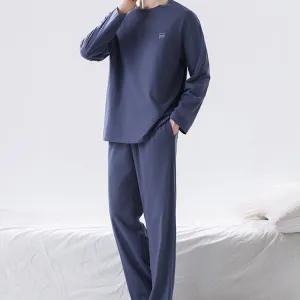 Men'S Fashion Casual Solid Color Cotton Long-Sleeve Sweatshirt Pants Pajamas Two-Piece Set