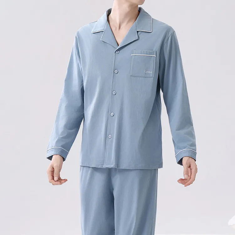 Men'S Fashion Casual Solid Color Cotton Long-Sleeve Pockets Cardigan Pants Pajamas Two-Piece Set