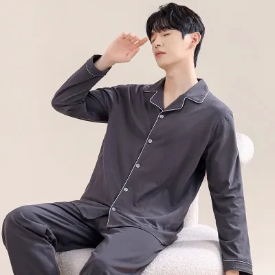 Men'S Fashion Casual Solid Color Cotton Long-Sleeve Cardigan Pants Pajamas Two-Piece Set