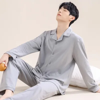 Men'S Fashion Casual Solid Color Cotton Long-Sleeve Cardigan Pants Pajamas Two-Piece Set