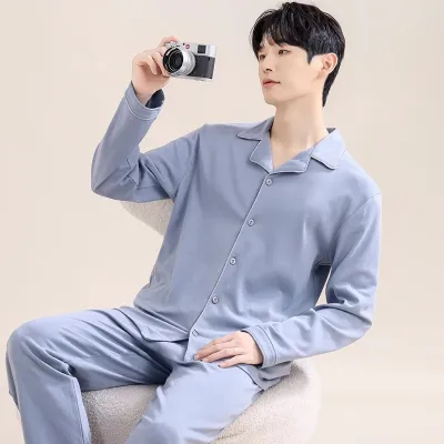 Men'S Fashion Casual Solid Color Cotton Long-Sleeve Cardigan Pants Pajamas Two-Piece Set