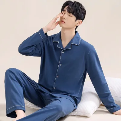 Men'S Fashion Casual Solid Color Cotton Long-Sleeve Cardigan Pants Pajamas Two-Piece Set