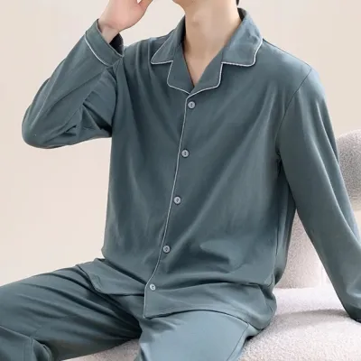 Men'S Fashion Casual Solid Color Cotton Long-Sleeve Cardigan Pants Pajamas Two-Piece Set