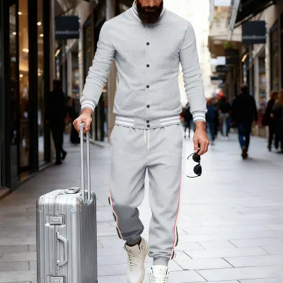 Men'S Fashion Casual Spring And Autumn Stripe Long-Sleeve Jacket Pants Two-Piece Set