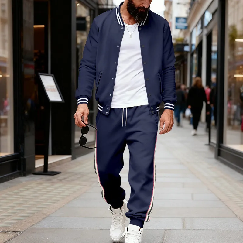 Men'S Fashion Casual Spring And Autumn Stripe Long-Sleeve Jacket Pants Two-Piece Set