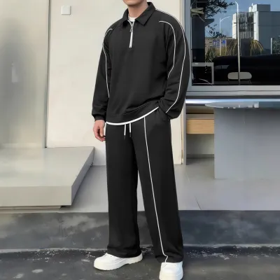 Men Fashion Casual Spring Line Lapel Long-Sleeve Loose Coat Drawstring Pants Two-Piece Set