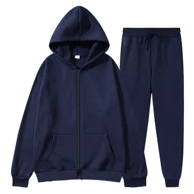 Men'S Fashion Casual Autumn And Winter Fleece-Lined Zipper Long-Sleeve Hoodies Pants Two-Piece Set
