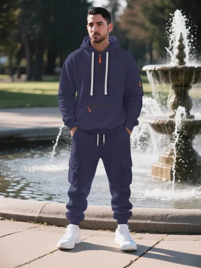 Men'S Fashion Casual Winter Velvet Long-Sleeve Hoodies Pockets Cargo Pants Two-Piece Set