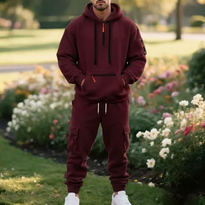 Men'S Fashion Casual Winter Velvet Long-Sleeve Hoodies Pockets Cargo Pants Two-Piece Set