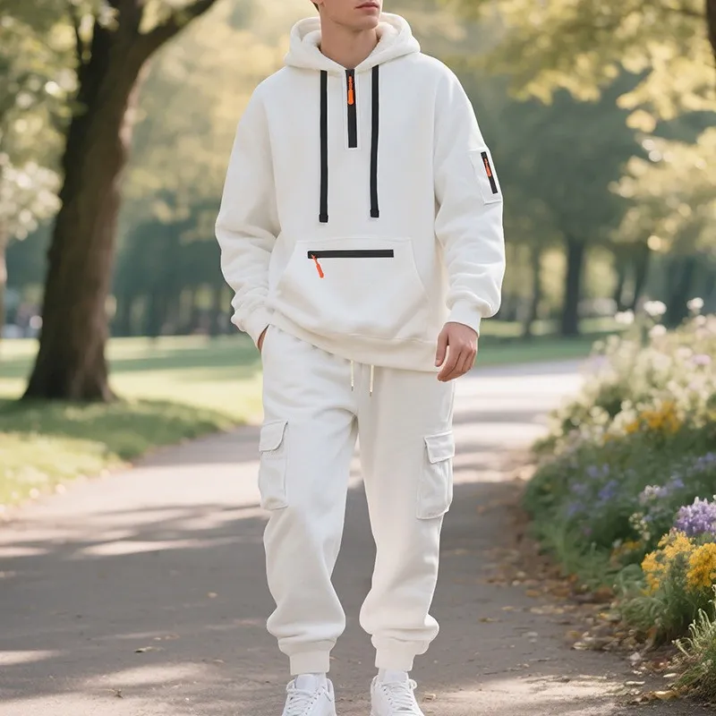 Men'S Fashion Casual Winter Velvet Long-Sleeve Hoodies Pockets Cargo Pants Two-Piece Set