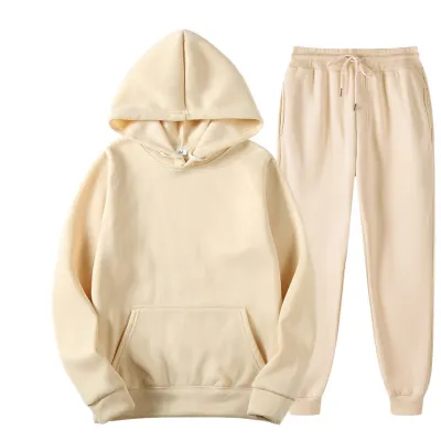 Men Fashion Casual Autumn Solid Color Long-Sleeve Loose Hoodies Pants Two-Piece Set