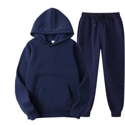 Men Fashion Casual Autumn Solid Color Long-Sleeve Loose Hoodies Pants Two-Piece Set