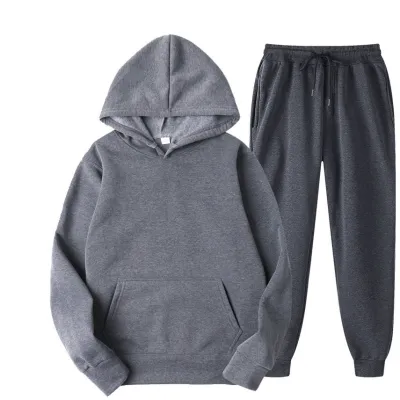 Men Fashion Casual Autumn Solid Color Long-Sleeve Loose Hoodies Pants Two-Piece Set