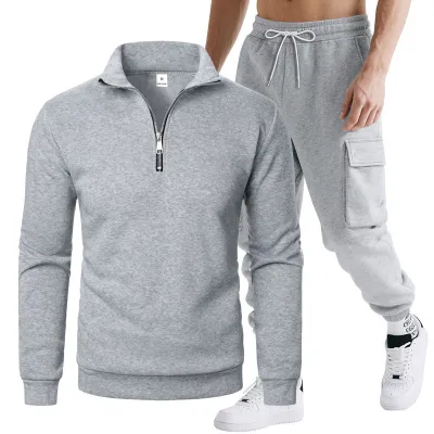 Men'S Fashion Casual Autumn Zipper Stand Collar Sweatshirt Multi-Pocket Pants Two-Piece Set