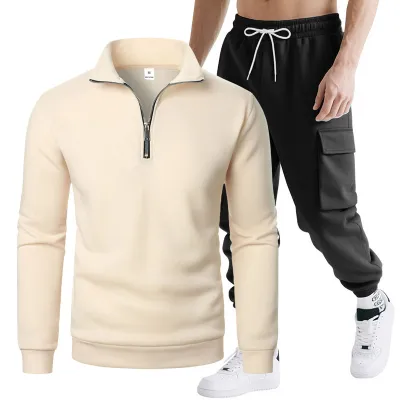 Men'S Fashion Casual Autumn Zipper Stand Collar Sweatshirt Multi-Pocket Pants Two-Piece Set