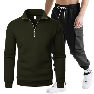 Men'S Fashion Casual Autumn Zipper Stand Collar Sweatshirt Multi-Pocket Pants Two-Piece Set