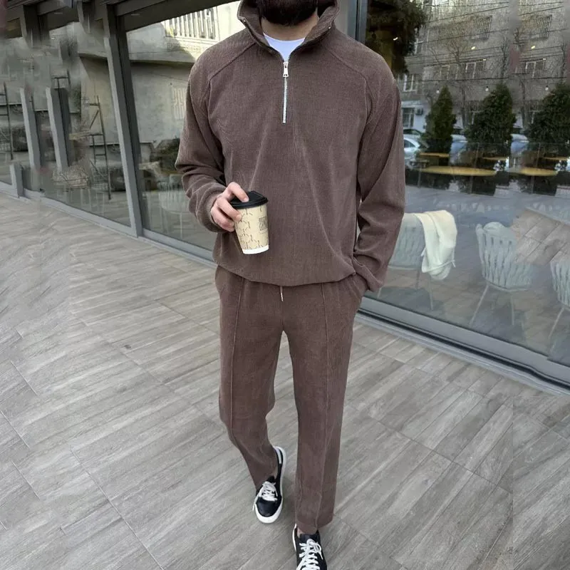 Men'S Fashion Casual Autumn Solid Color Corduroy Stand Collar Half Zipper Sweatshirt Pants Two-Piece Set