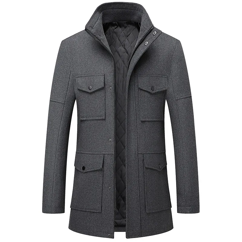 Men'S Fashion Casual Autumn And Winter Solid Color Woolen Thickened Long-Sleeve Coat