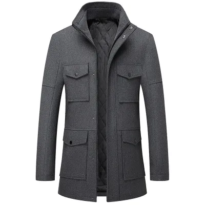 Men'S Fashion Casual Autumn And Winter Solid Color Woolen Thickened Long-Sleeve Coat