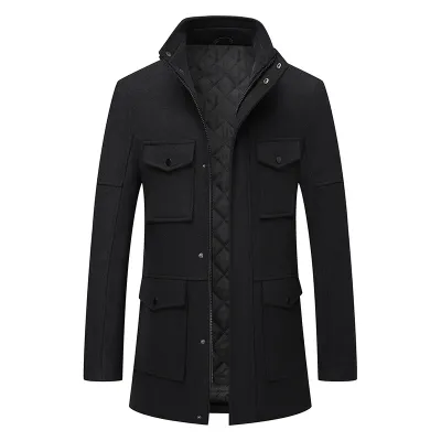 Men'S Fashion Casual Autumn And Winter Solid Color Woolen Thickened Long-Sleeve Coat