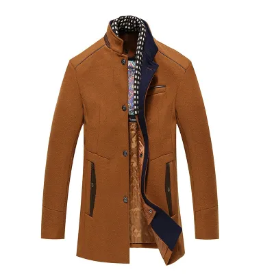 Men'S Fashion Casual Autumn Winter Colorblock Woolen Thickened Long-Sleeve Coat