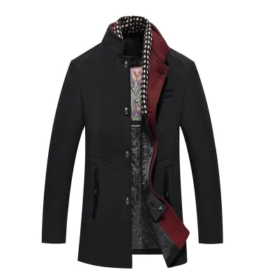 Men'S Fashion Casual Autumn Winter Colorblock Woolen Thickened Long-Sleeve Coat