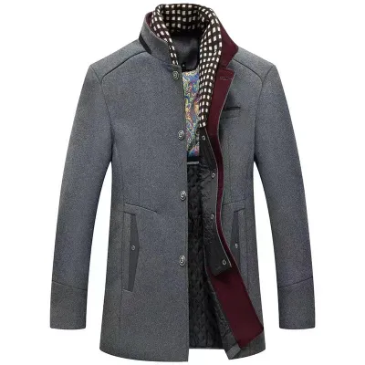 Men'S Fashion Casual Autumn Winter Colorblock Woolen Thickened Long-Sleeve Coat