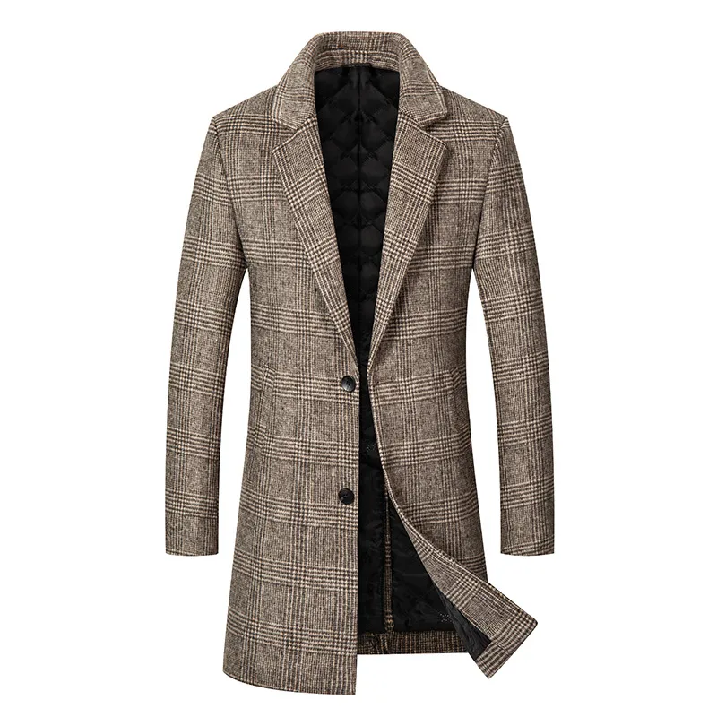 Men Fashion Casual Business Winter Thickened Plaid Wool Mid-Length Coat