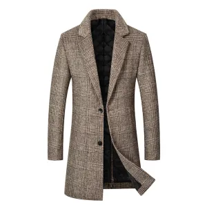 Men Fashion Casual Business Winter Thickened Plaid Wool Mid-Length Coat