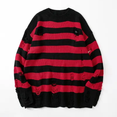 Men Fashion Casual Ripped Knitted Round Neck Long-Sleeve Sweater