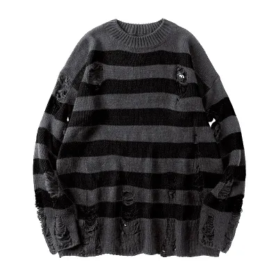 Men Fashion Casual Ripped Knitted Round Neck Long-Sleeve Sweater