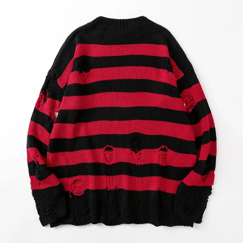 Men Fashion Casual Ripped Knitted Round Neck Long-Sleeve Sweater