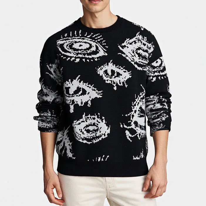 Men Fashion Casual Autumn Jacquard Eye Pattern Round Neck Long Sleeve Loose Knitted Sweater