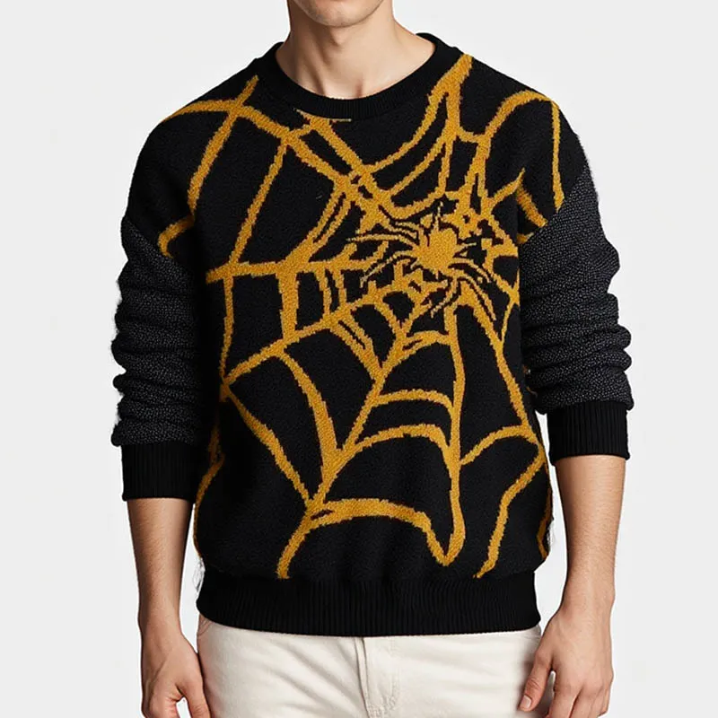 Men'S Fashion Casual Autumn Spider Web Pattern Jacquard Long-Sleeve Knitted Sweater