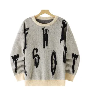 Men Fashion Casual Spring Letter Jacquard Long-Sleeve Loose Knitted Sweater