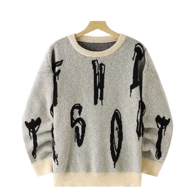 Men Fashion Casual Spring Letter Jacquard Long-Sleeve Loose Knitted Sweater