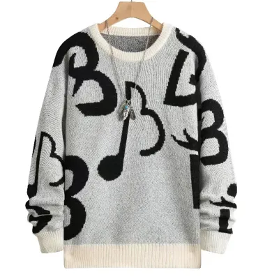 Men'S Fashion Casual Autumn Jacquard Round Neck Long-Sleeve Loose Knitted Sweater