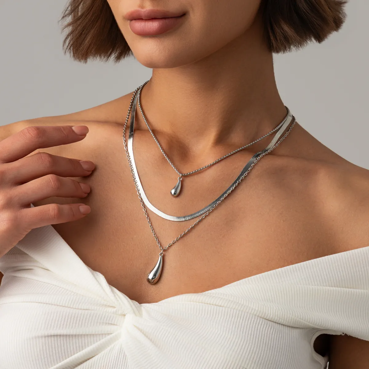 Women Fashion Cold Thin Chain Water Drop Pendant Multi-Layered Necklace